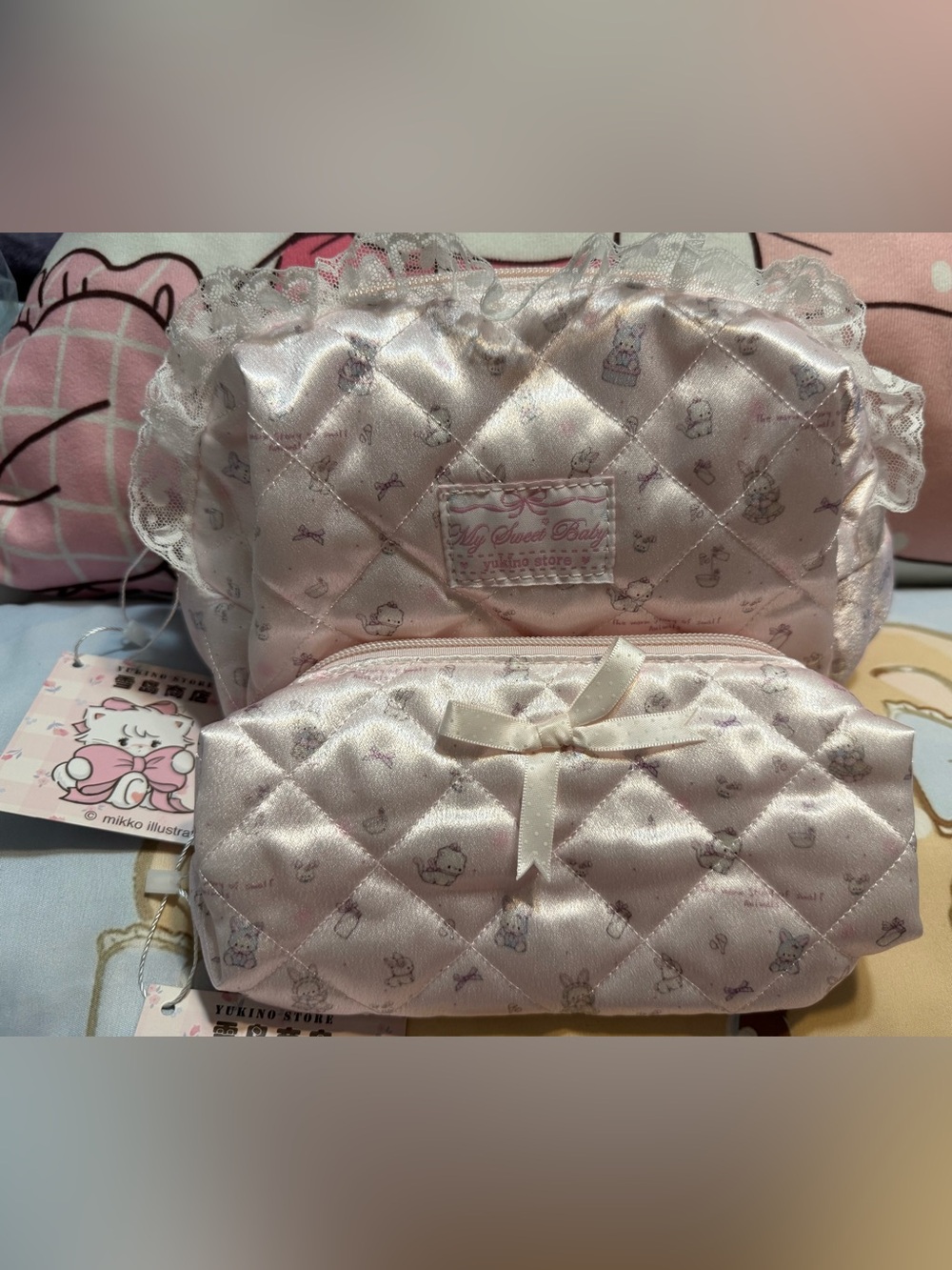 🆕 Mikko Illustrations Cute Cosmetic Quilted Pink Cosmetic Pouch Set